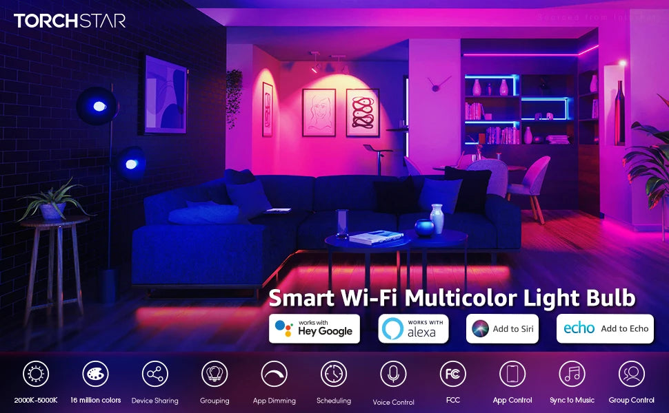 4 Pack Smart WiFi LED A19 Bulb, RGBCW Color Changing, Compatible with Alexa & Google Home & Echo Assistant