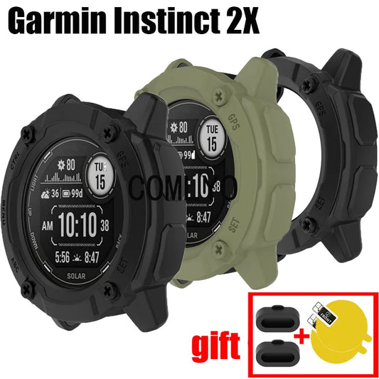 For Garmin Instinct 2X Solar Sports Tactical Case Smart watch Soft TPU Half Cover Protective Bumper Screen Protector Dust Plug