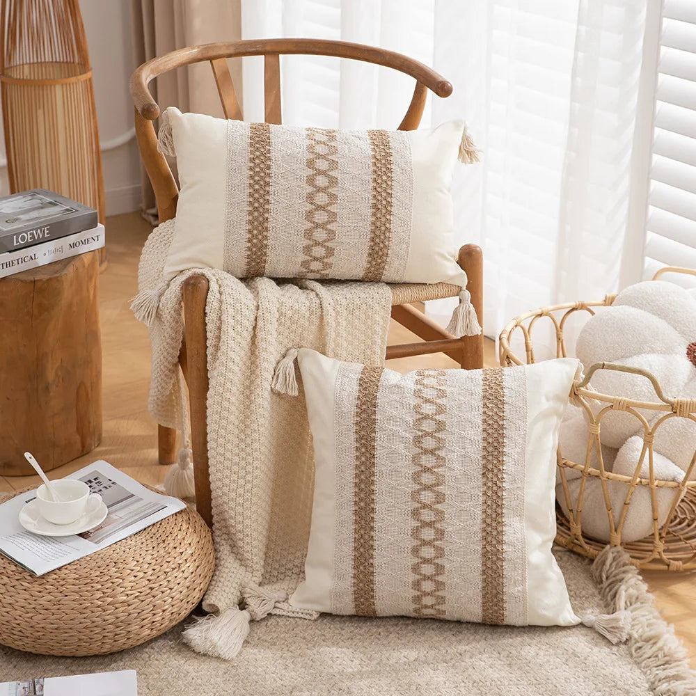 30x50/45x45cm Bohemian Linen Embroidered Fringed Throw Pillow Cover Waist Light Luxury Cushion Cover Pillowcase Home Decor