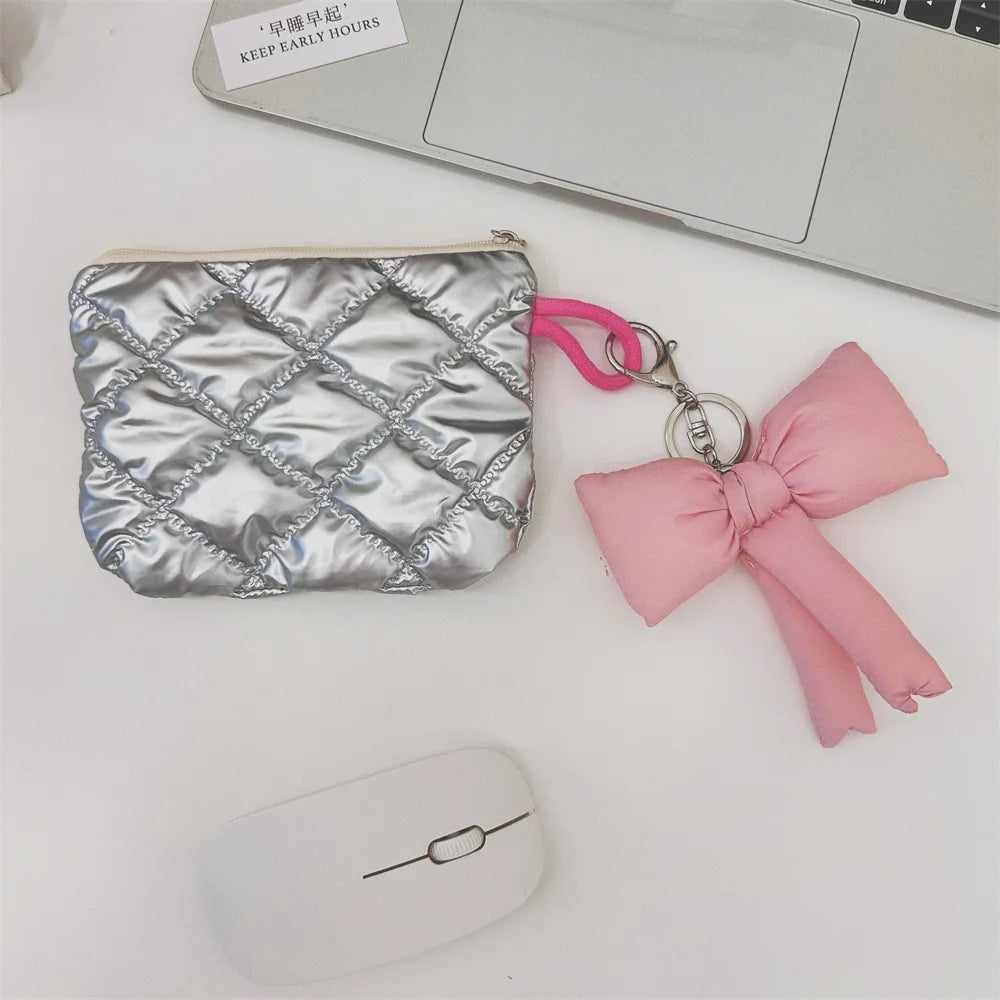 Silver Lingge Bow Pattern  Coin Purses Small Canvas Coin Wallet Lady Girls Earphone Coin Key Money Storage Bag Zipper Pouch