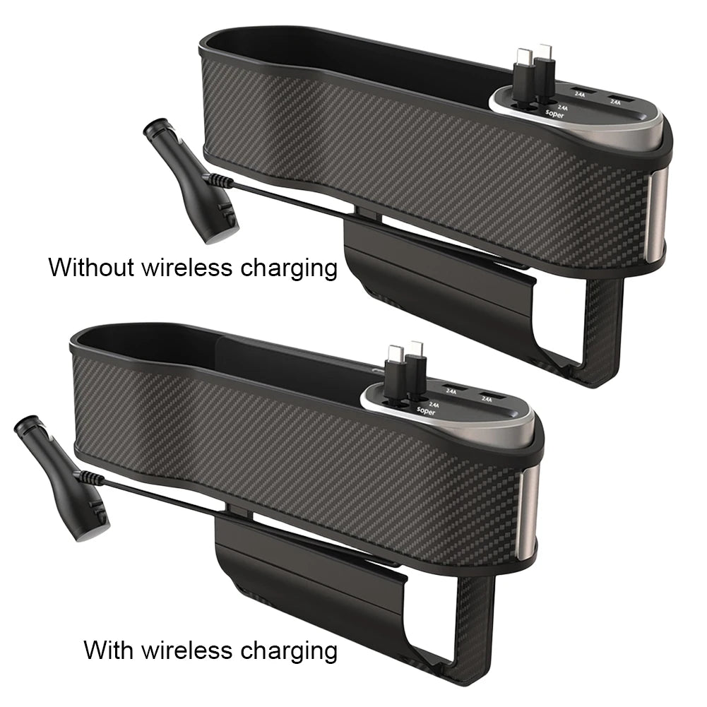 Car Seat Gap Filler Organizer USB Type-C Front Seat Console Side Pocket 10W Car Seat Gap Holder Multifunctional Wireless Charger