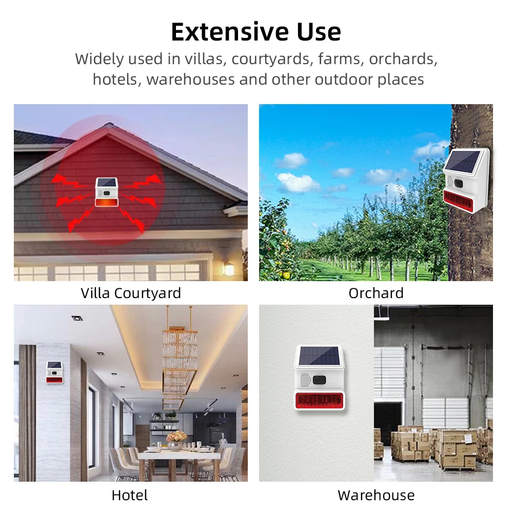 433MHz Solar Outdoor Waterproof Siren with LED Flashing Light Function as Home Garage Shed Alarm System