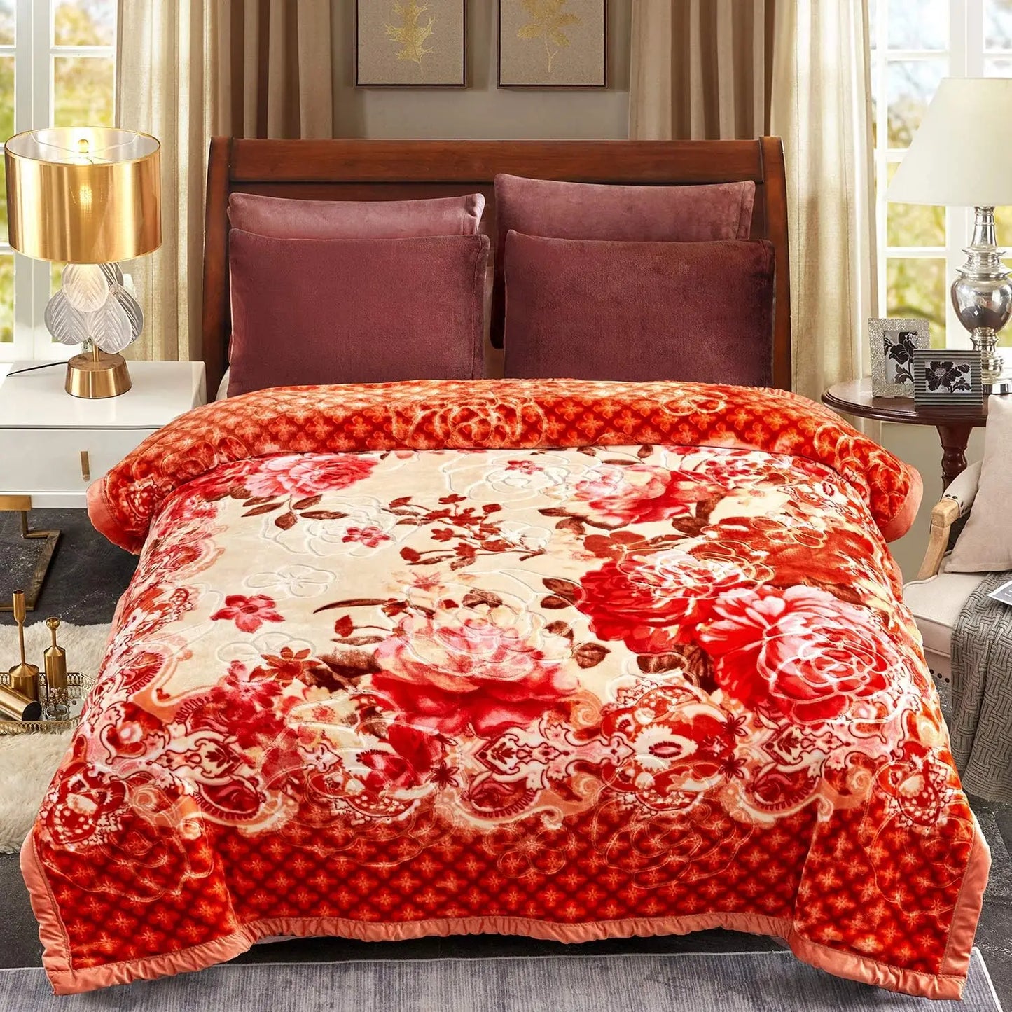 JML Plush Raschel Blanket, Korean Style Mink Blankets - Silky Soft, 2 Ply Printed Fleece Blanket (Orange Floral, Queen)