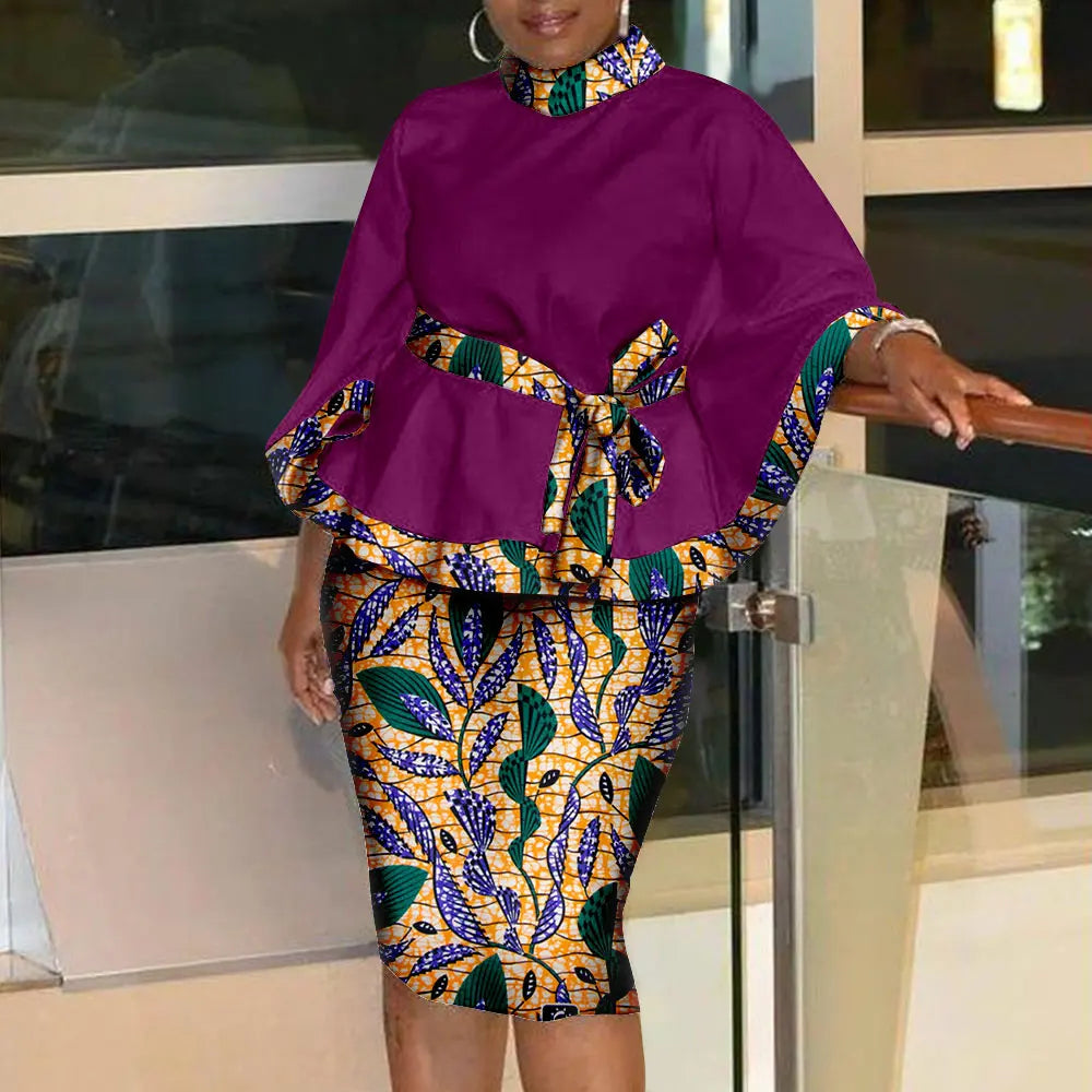 Women`s Casual African Clothing Traditional Set Dashiki Print Shirt and Ankara Skirt 2 Piece Tribal Outfits S2026009
