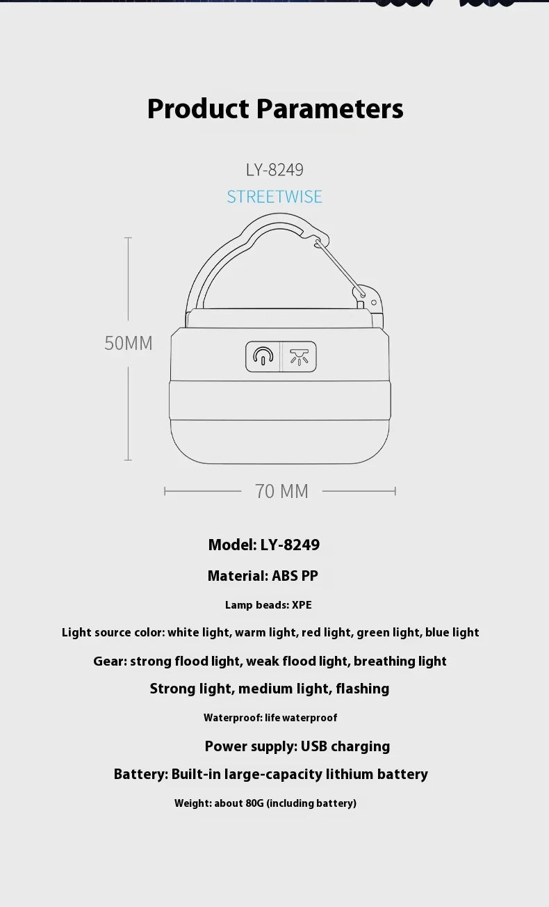 Rechargeable Camping Tent Light - LED Portable Lantern Flashlight with 6 Light Modes, Hanging Hook Buit-in Battery
