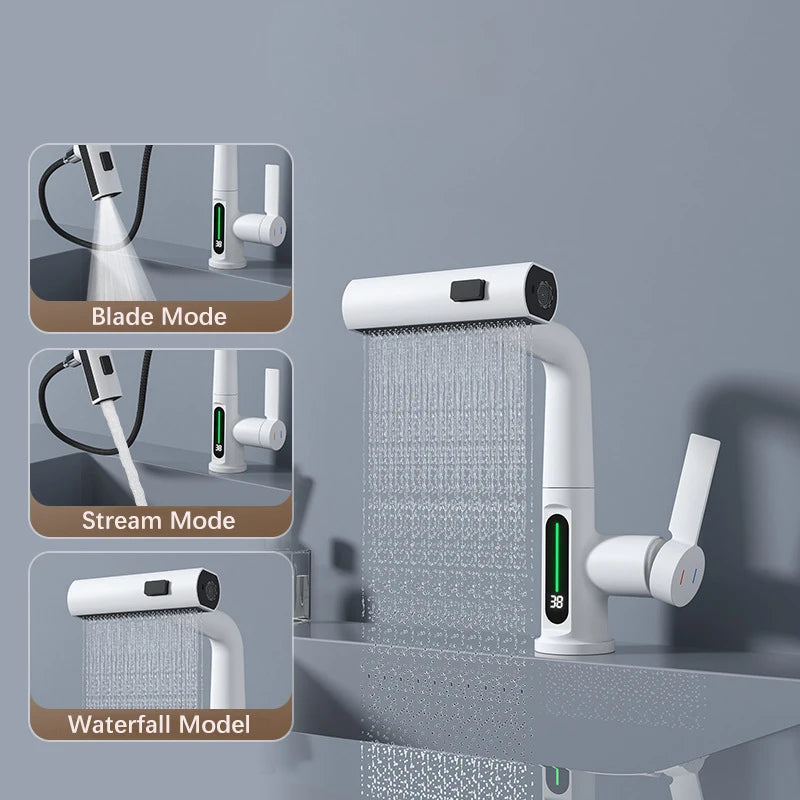 Waterfall Temperature Digital Display Basin Faucet Lift Up Down Stream Sprayer Hot Cold Water Sink Mixer Wash Tap For Bathroom