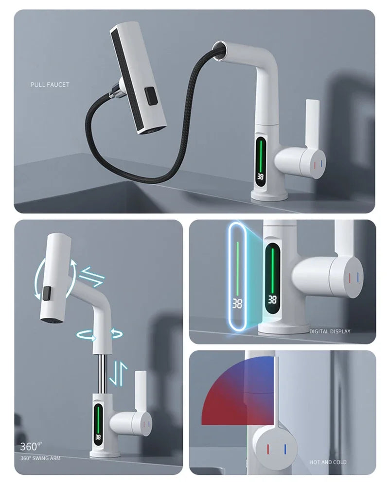 Waterfall Temperature Digital Display Basin Faucet Lift Up Down Stream Sprayer Hot Cold Water Sink Mixer Wash Tap For Bathroom