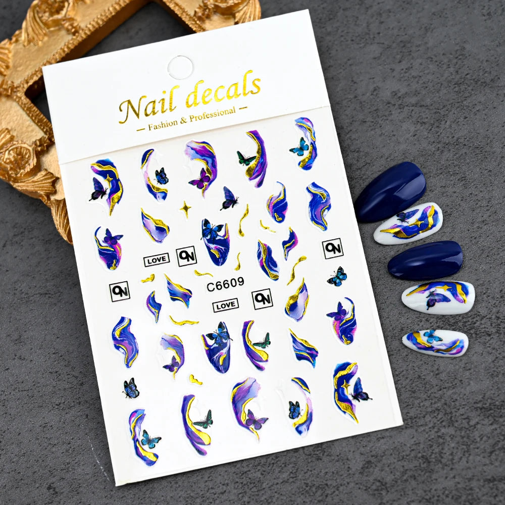 1Pcs Blue Purple Marble Stripe 3D Nail Art Stickers Bronzing Wave Line Ink Blooming Geometry Slider Self-Adhesive Manicure Decal