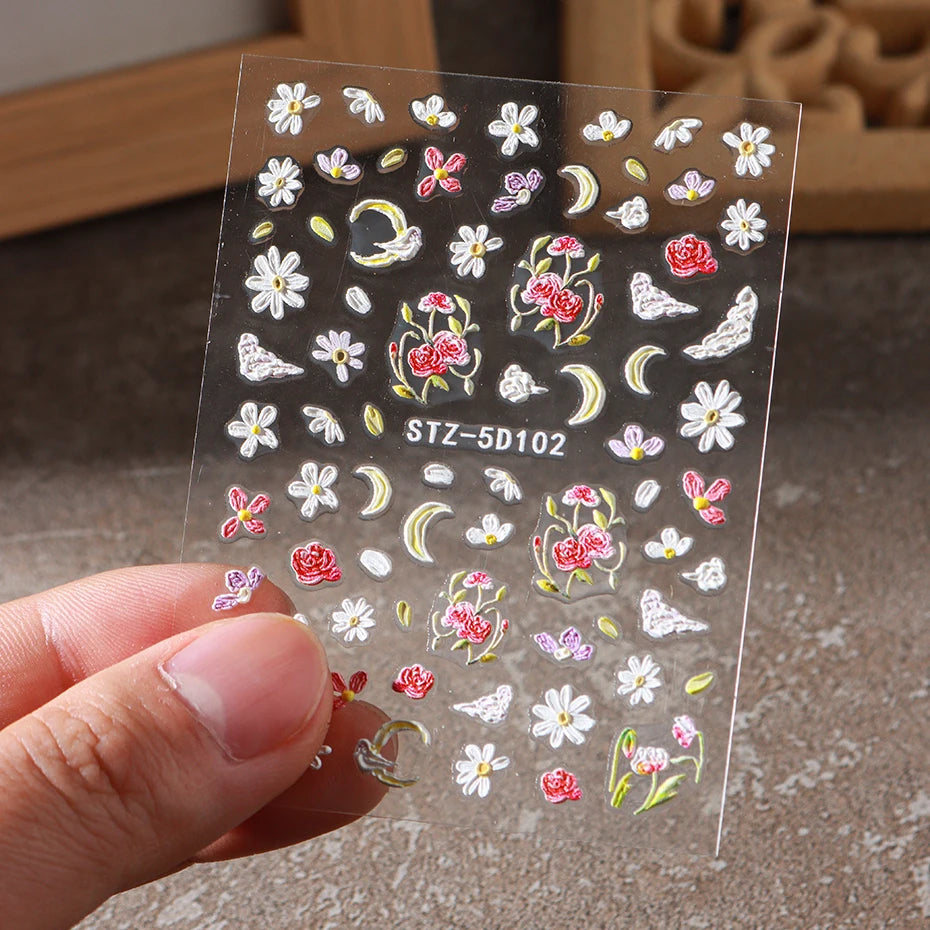 5D Embossed Flower Nail Stickers Decals Sunflower Daisy Spring Engraved Sliders DIY Manicure Decoration Accesories