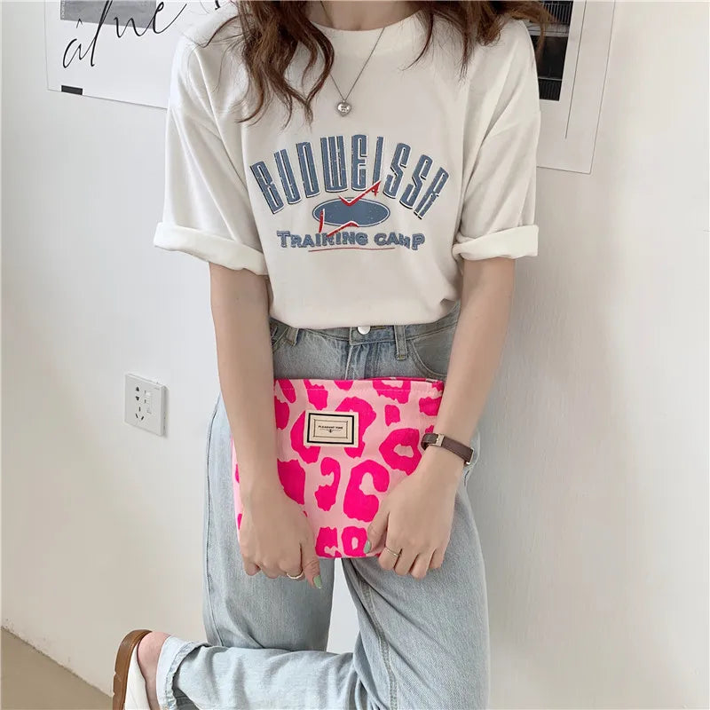 Pink Leopard Print Women Cosmetic Bag Retro Flower Ladies Small Clutch Purse Travel Handbags Schoolgirl Pencil Storage Bags