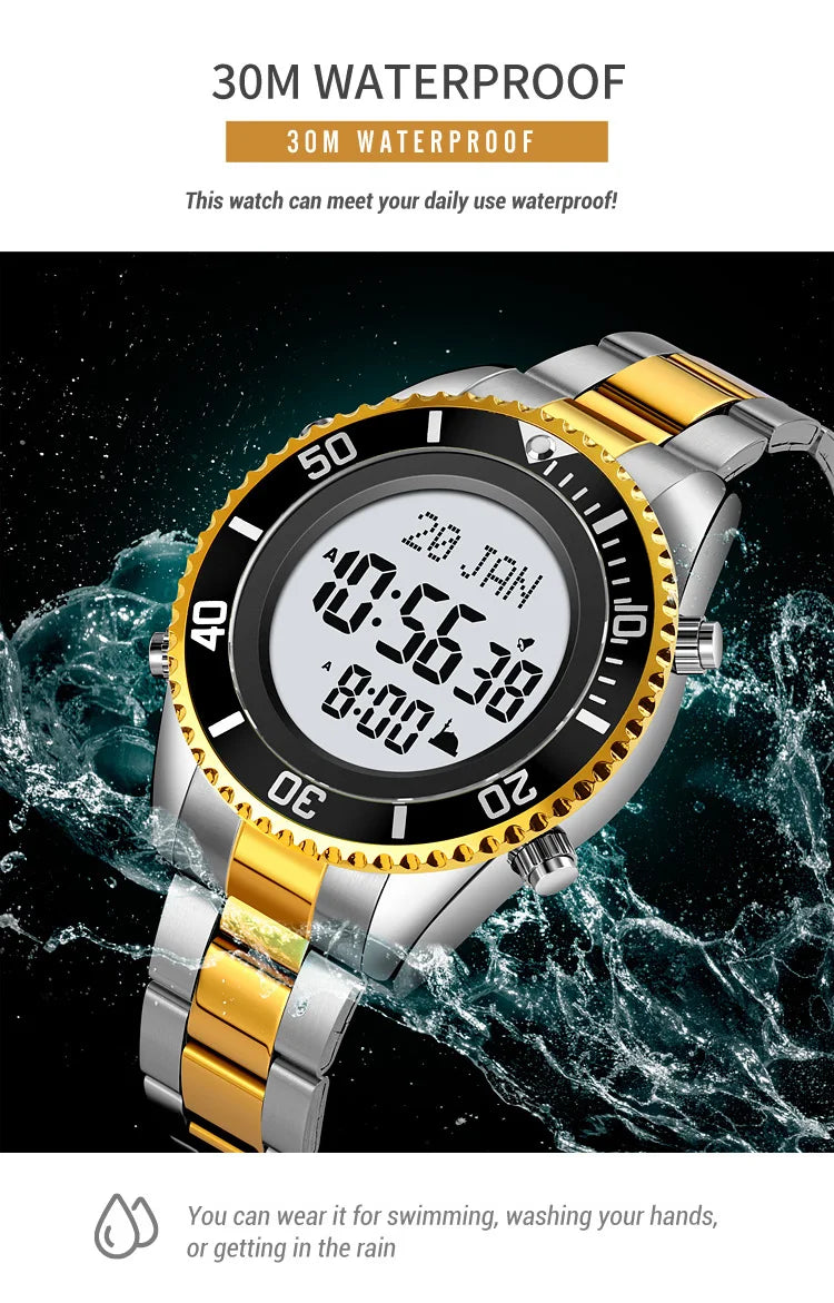 SKMEI 2141 Stainless Steel Digital Watche Muslim Azan Prayer Compass Clock Adhan Alarm Hijri Islamic Wristwatch with Back Light