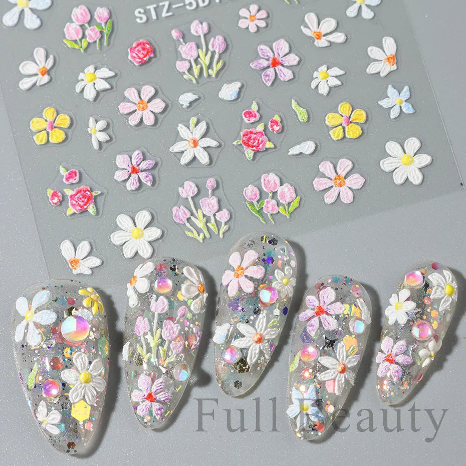 5D Embossed Flower Nail Stickers Decals Sunflower Daisy Spring Engraved Sliders DIY Manicure Decoration Accesories