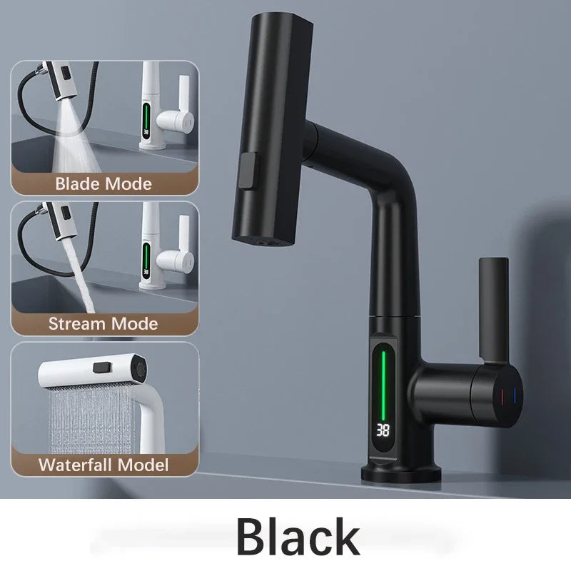Waterfall Temperature Digital Display Basin Faucet Lift Up Down Stream Sprayer Hot Cold Water Sink Mixer Wash Tap For Bathroom