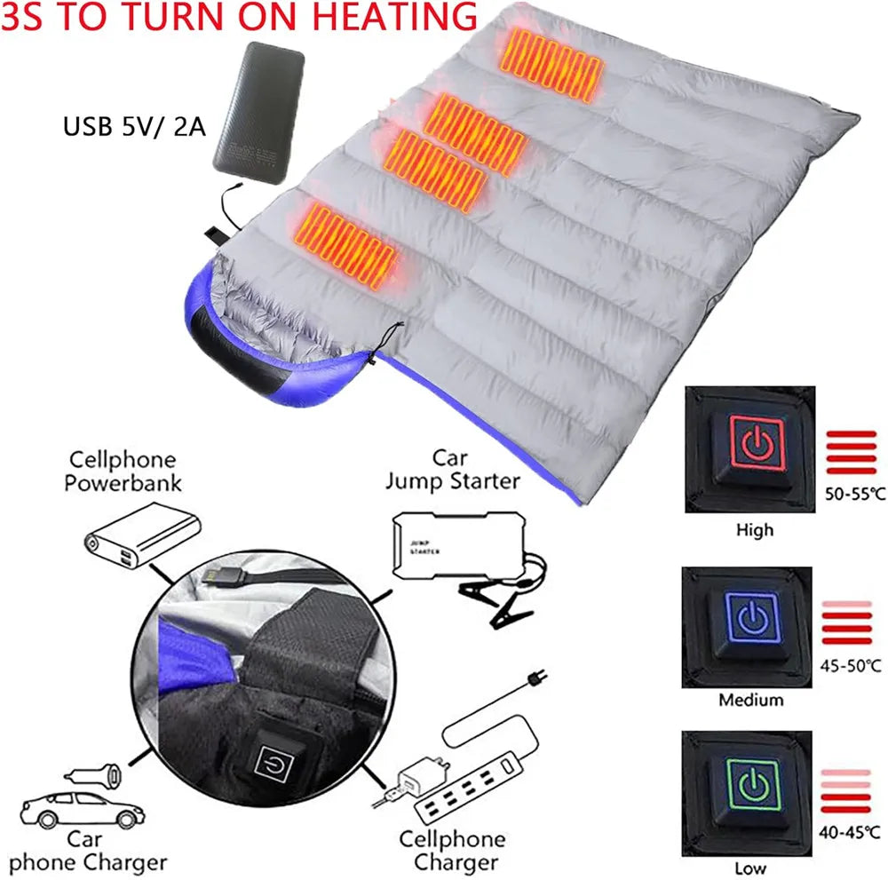 -5℃ USB Heated Sleeping Bag Winter Wearable Adult Electric Thermal Warm 4 Season Outdoor Camping Hiking Traveling(NO Power bank