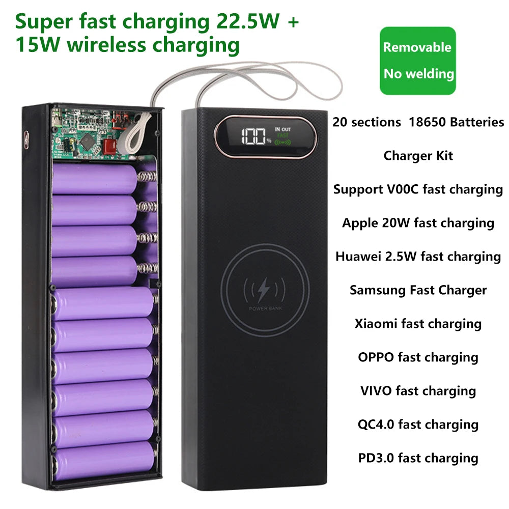 20x18650 Batteries Power Bank Case DIY Mobile Power Supply Battery Storage Boxes 22.5W Fast Charge With 15W Wireless Charging
