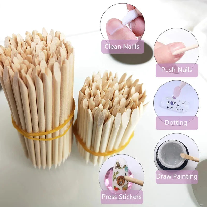 100PCS Cuticle Pusher Remover Nail Art Tools Orange Wood Sticks Rhinestones Picker Bead Pusher Manicure Pedicure Care