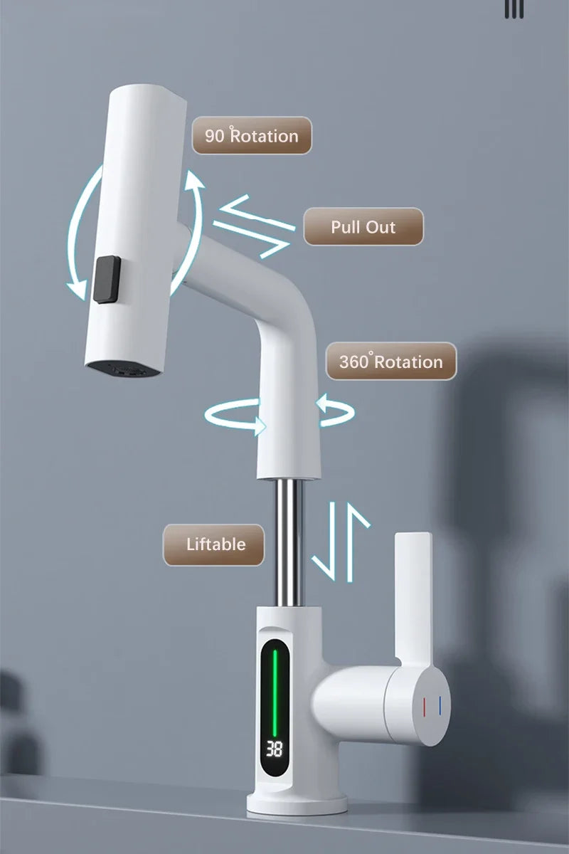 Waterfall Temperature Digital Display Basin Faucet Lift Up Down Stream Sprayer Hot Cold Water Sink Mixer Wash Tap For Bathroom