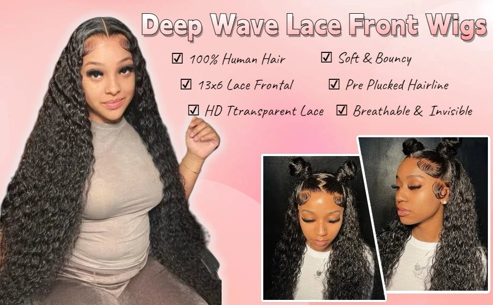 Long Deep Wave Lace Front Wigsfor Women 210% Density Curly Lace Frontal Wigs Human Hair Pre Plucked Natural Black (38 Inch)