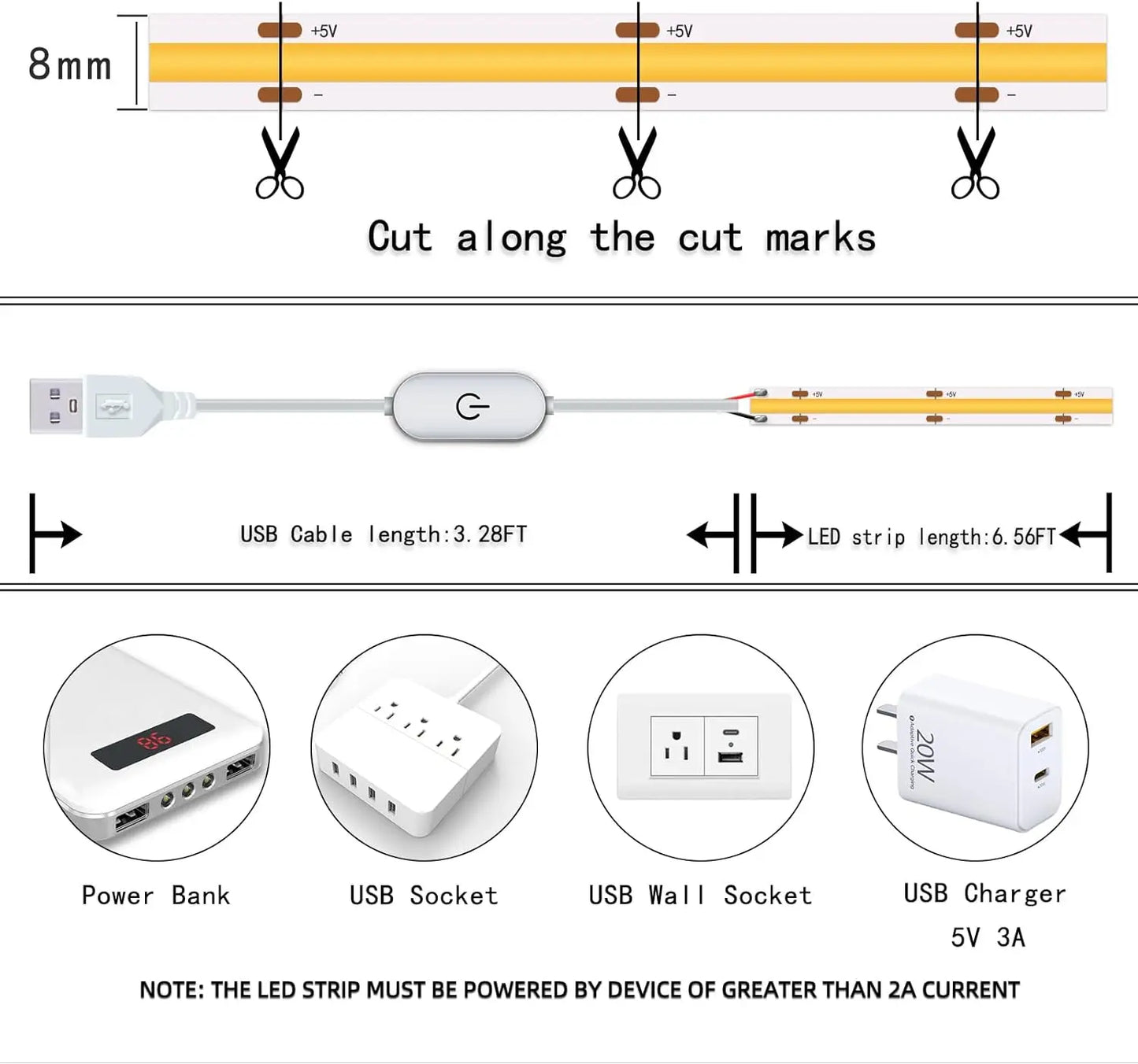 1M-5M USB LED Strip Light 5V 320LEDs/M COB Touch Sensor Dimmable Lamp Tape DIY TV Mirror Backlight Kitchen Room Night Lighting