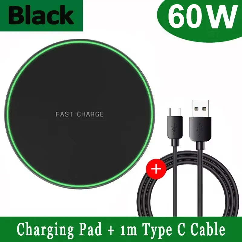 60W Wireless Charger Pad for iPhone 14 13 12 11 Pro Max X Samsung Xiaomi Huawei QC Power Bank Fast Charging Dock Station