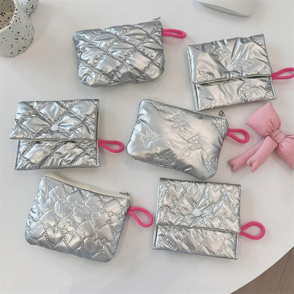 Silver Lingge Bow Pattern  Coin Purses Small Canvas Coin Wallet Lady Girls Earphone Coin Key Money Storage Bag Zipper Pouch