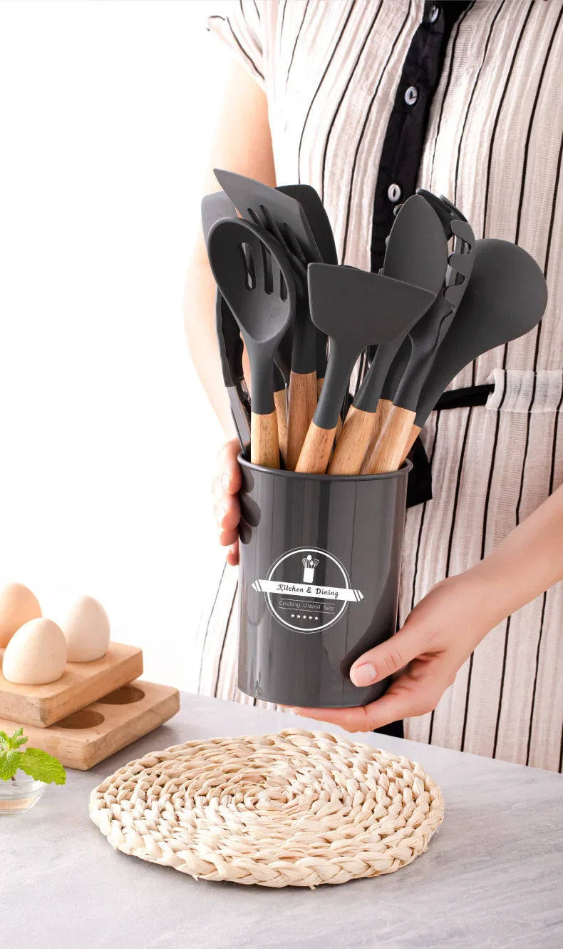 12Set of Wooden Handle Silicone Household Kitchen Tools Non-Stick Pan Cooking Spatula and Soup Spoon Silicone Kitchenware Set