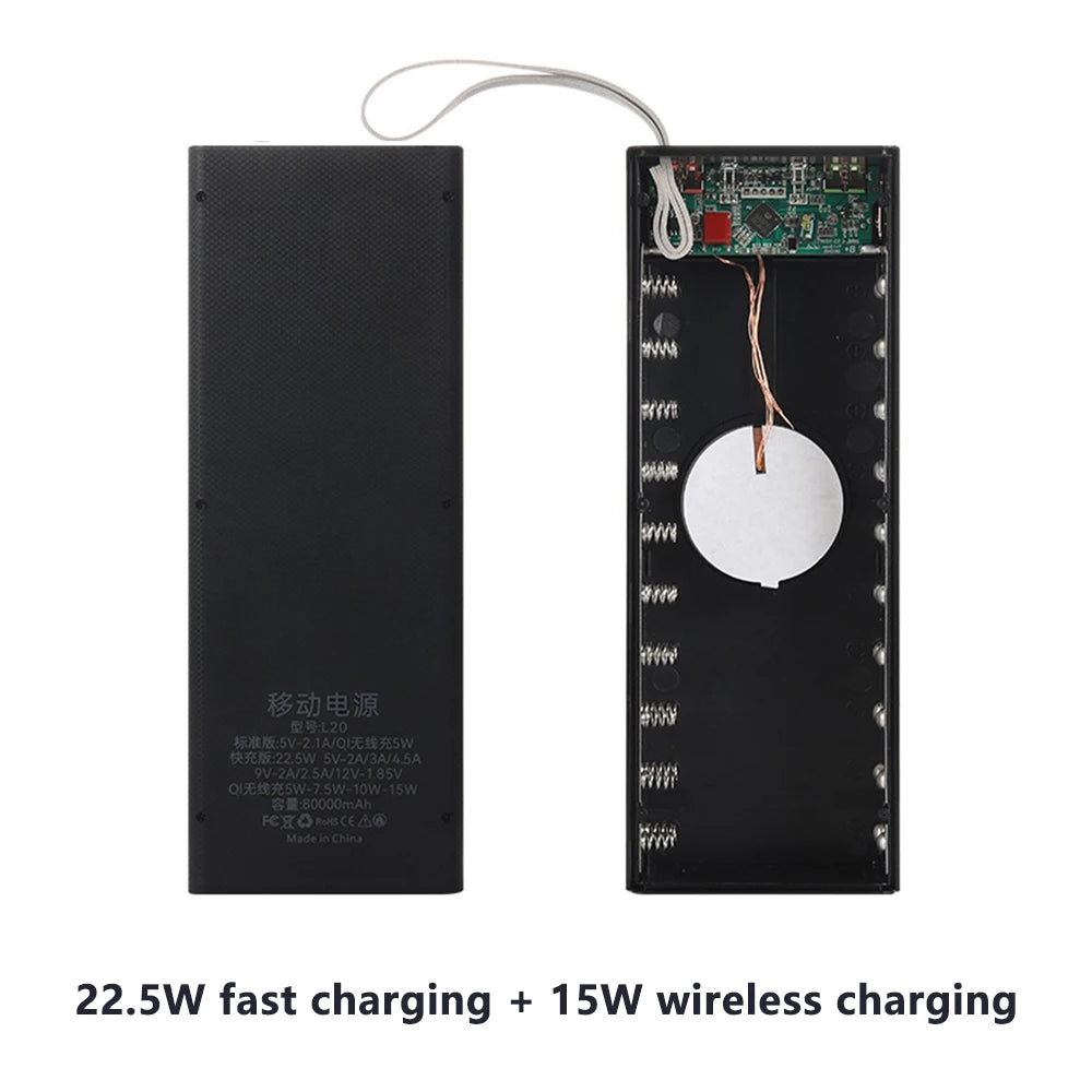 20x18650 Batteries Power Bank Case DIY Mobile Power Supply Battery Storage Boxes 22.5W Fast Charge With 15W Wireless Charging