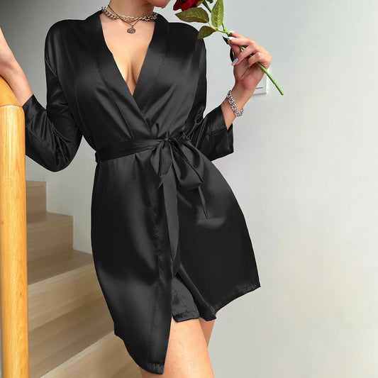 Pajamas women summer European and American ladies lace-up bathrobe sexy morning gown home dress can wear ice silk robe