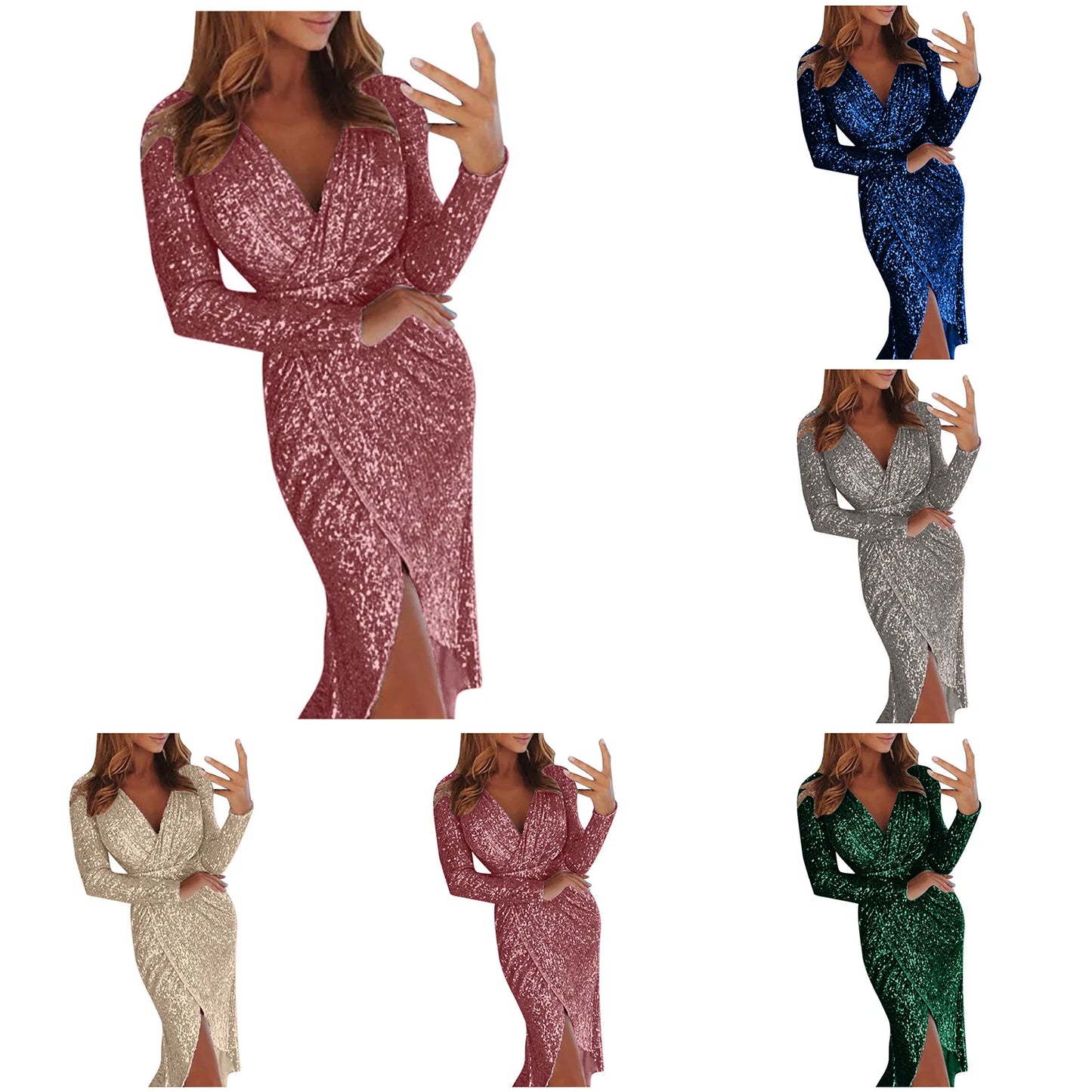 Elegant Women Evening Party Dress Shiny Sequin Deep V-Neck Nightclub Formal Dress Bodycon Irregular Hem Long Dress For Wedding