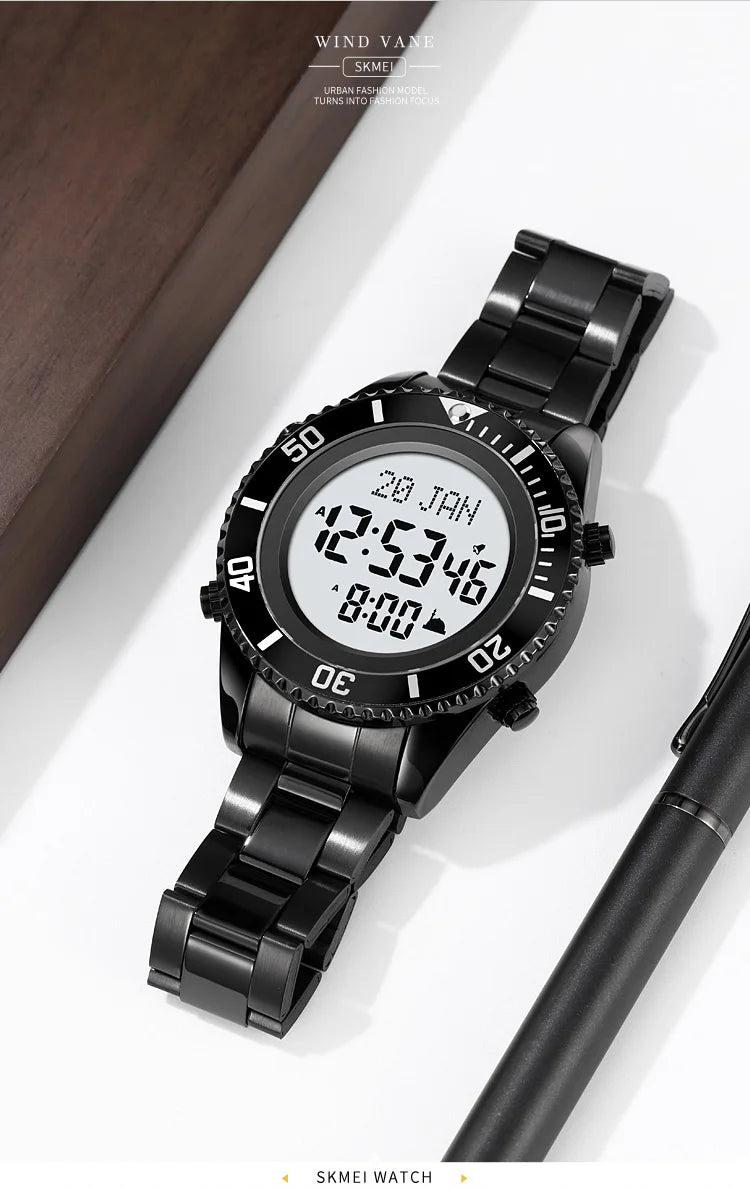 SKMEI 2141 Stainless Steel Digital Watche Muslim Azan Prayer Compass Clock Adhan Alarm Hijri Islamic Wristwatch with Back Light