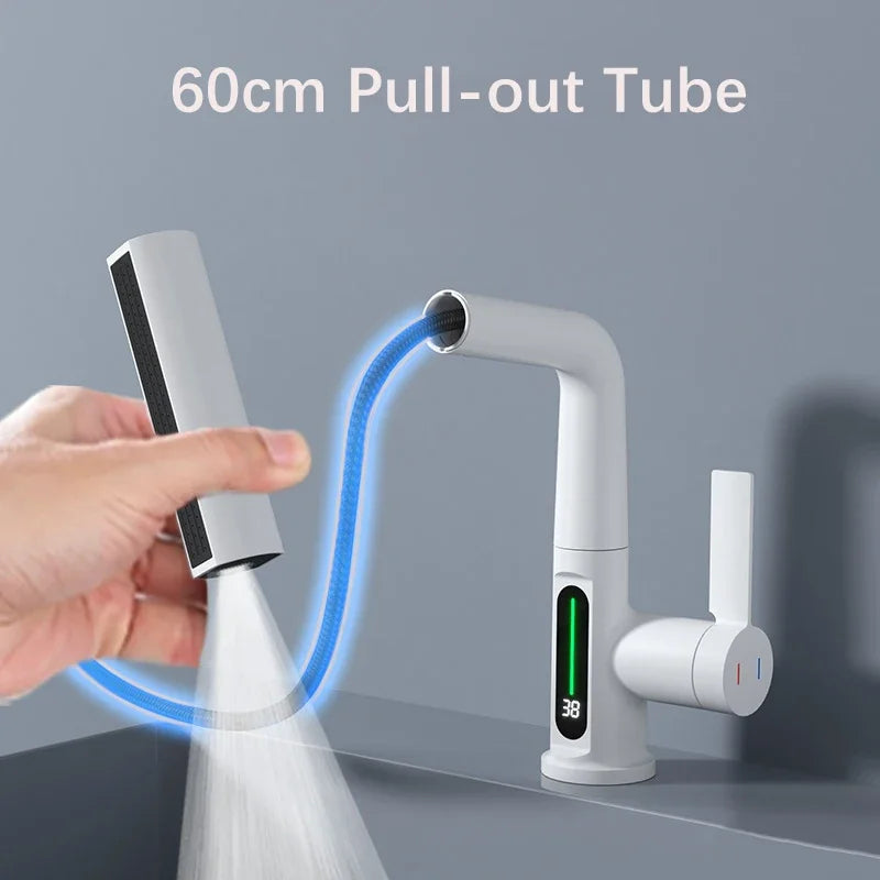 Waterfall Temperature Digital Display Basin Faucet Lift Up Down Stream Sprayer Hot Cold Water Sink Mixer Wash Tap For Bathroom