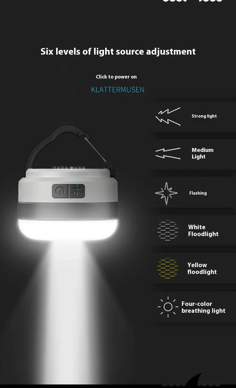 Rechargeable Camping Tent Light - LED Portable Lantern Flashlight with 6 Light Modes, Hanging Hook Buit-in Battery