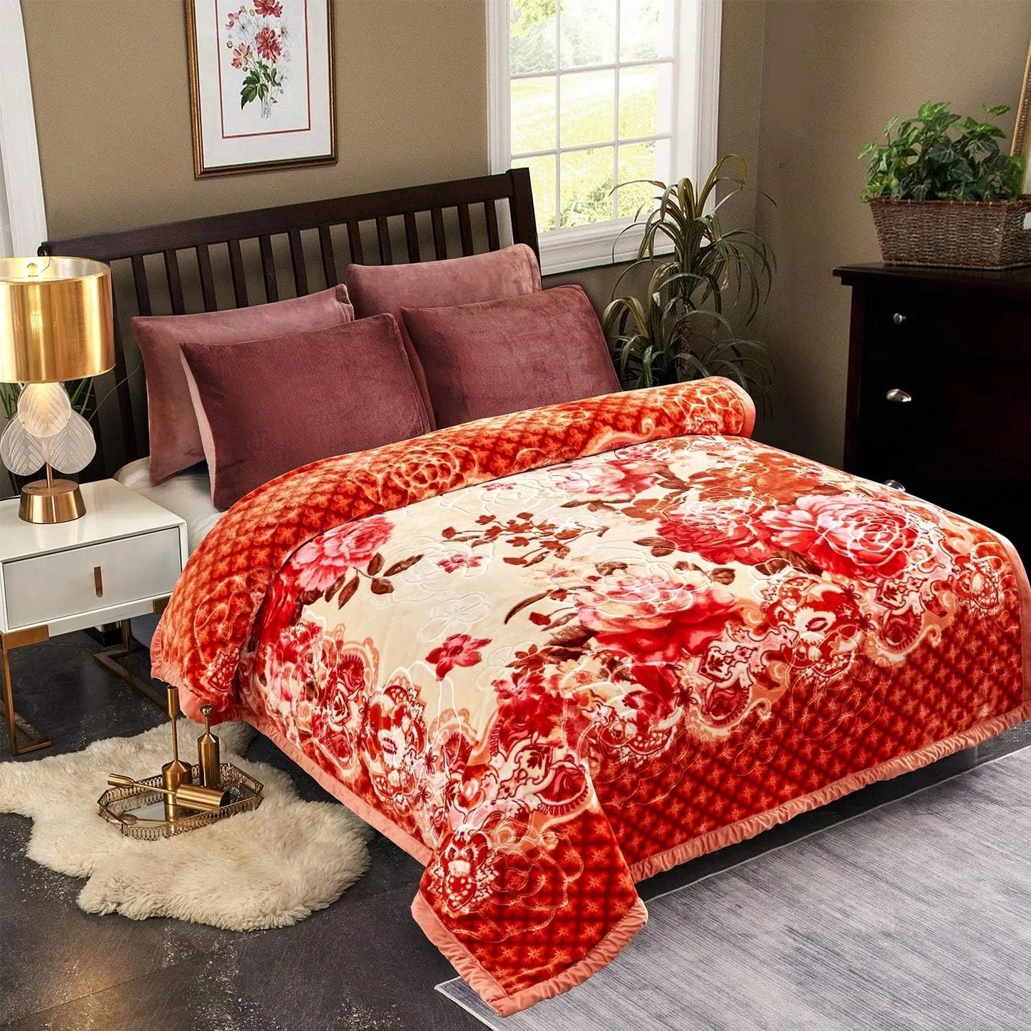 JML Plush Raschel Blanket, Korean Style Mink Blankets - Silky Soft, 2 Ply Printed Fleece Blanket (Orange Floral, Queen)
