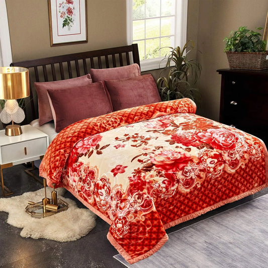 JML Plush Raschel Blanket, Korean Style Mink Blankets - Silky Soft, 2 Ply Printed Fleece Blanket (Orange Floral, Queen)