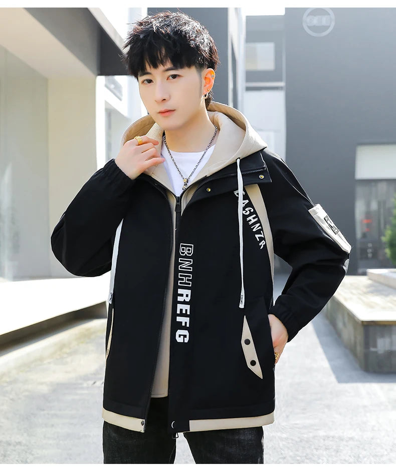 Fashion Spring Autumn Casual Hooded Jacket For Men's Loose Coat Hip Hop Streetwear Zipper Windbreaker Youth Outdoor Top Clothing