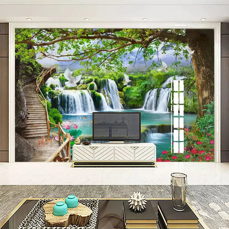Green Big Tree Waterfall Nature Landscape Wall Painting Custom 3D Photo Wallpaper For Living Room TV Background Mural De Parede