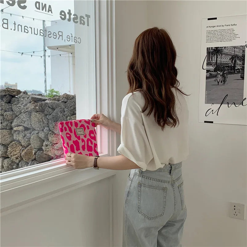Pink Leopard Print Women Cosmetic Bag Retro Flower Ladies Small Clutch Purse Travel Handbags Schoolgirl Pencil Storage Bags