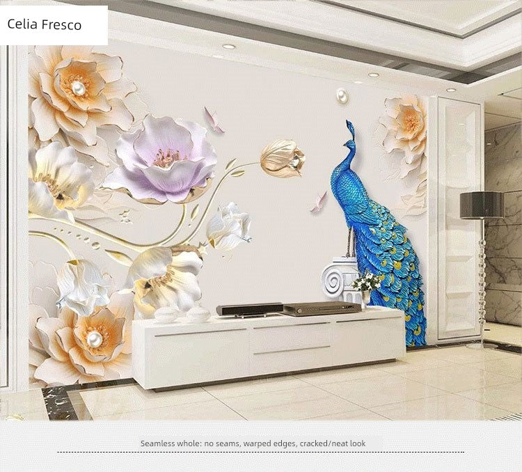 European-Style 3D TV Background Wallpaper Chinese Style Living Room Bedroom Peacock 5 8D Three-Dimensional Concave-Convex Relief Wall Cloth Mural