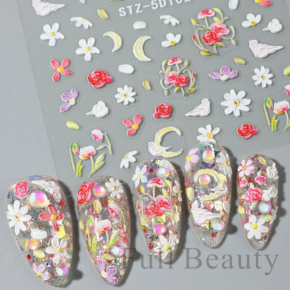 5D Embossed Flower Nail Stickers Decals Sunflower Daisy Spring Engraved Sliders DIY Manicure Decoration Accesories