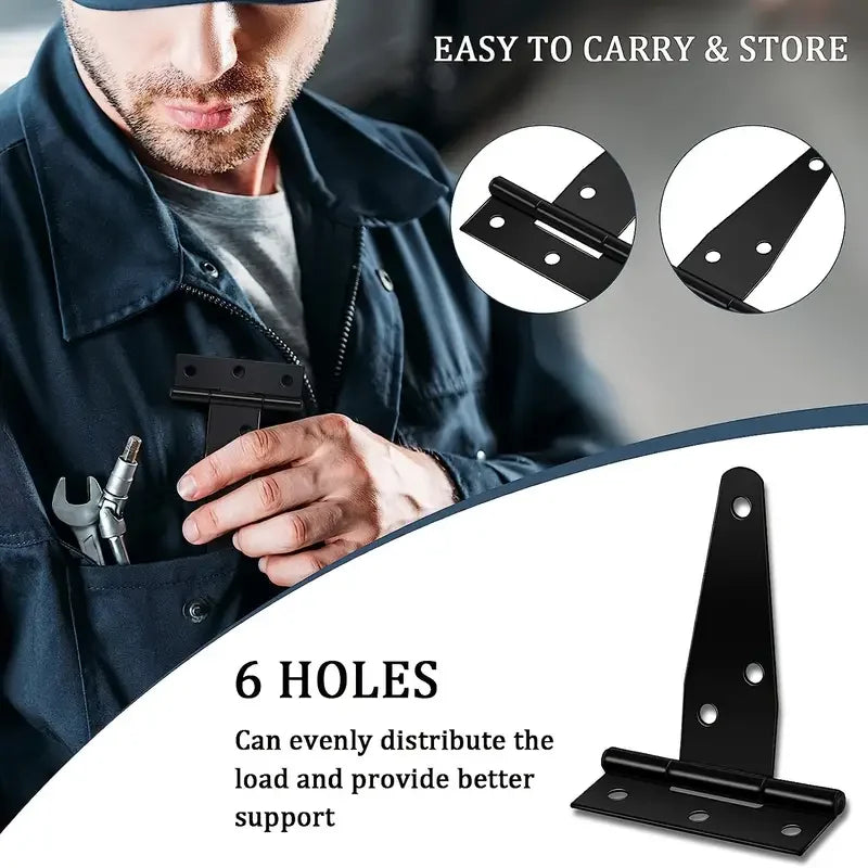 4Pcs T-Hinge Gate Shed Hinges In Black, 3 Inch Door Barn, Heavy Duty T-Strap