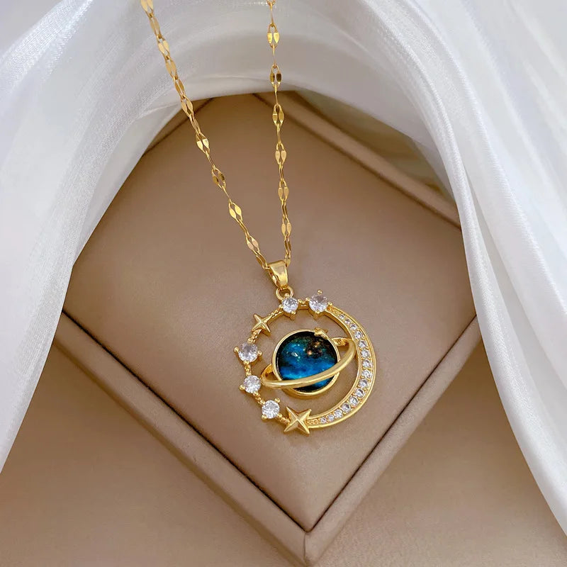 Blue Fantasy Saturn Planet Crystal Necklace for Women Girls Accessories Jewelry Gifts for Friends Family Stainless Steel Chain