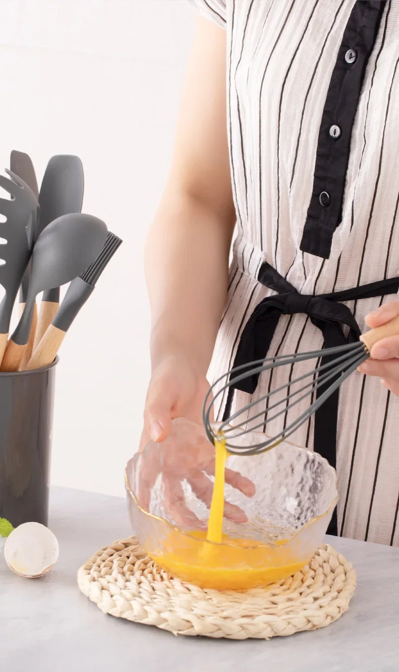 12Set of Wooden Handle Silicone Household Kitchen Tools Non-Stick Pan Cooking Spatula and Soup Spoon Silicone Kitchenware Set