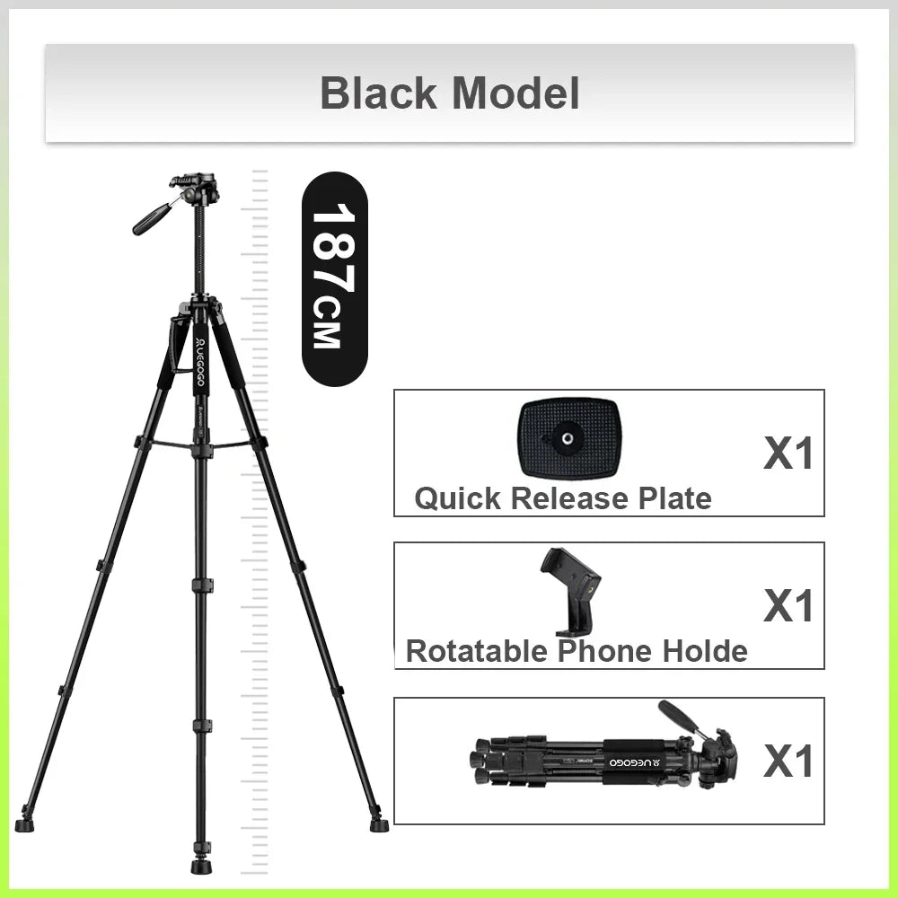 Q188 187cm/73in Tall Tripod Stand for Professional Camera Spotlight Telescope Binoculars 360° Rotatable Phone Holder for Video