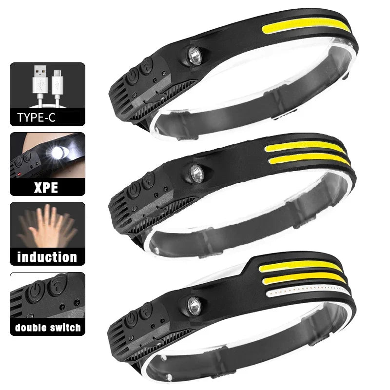 Head Led Light Sensor HeadLight Type-c Rechargeable Head Torch Light Front Led Head Flashlight Super Bright Waterproof Headlamp
