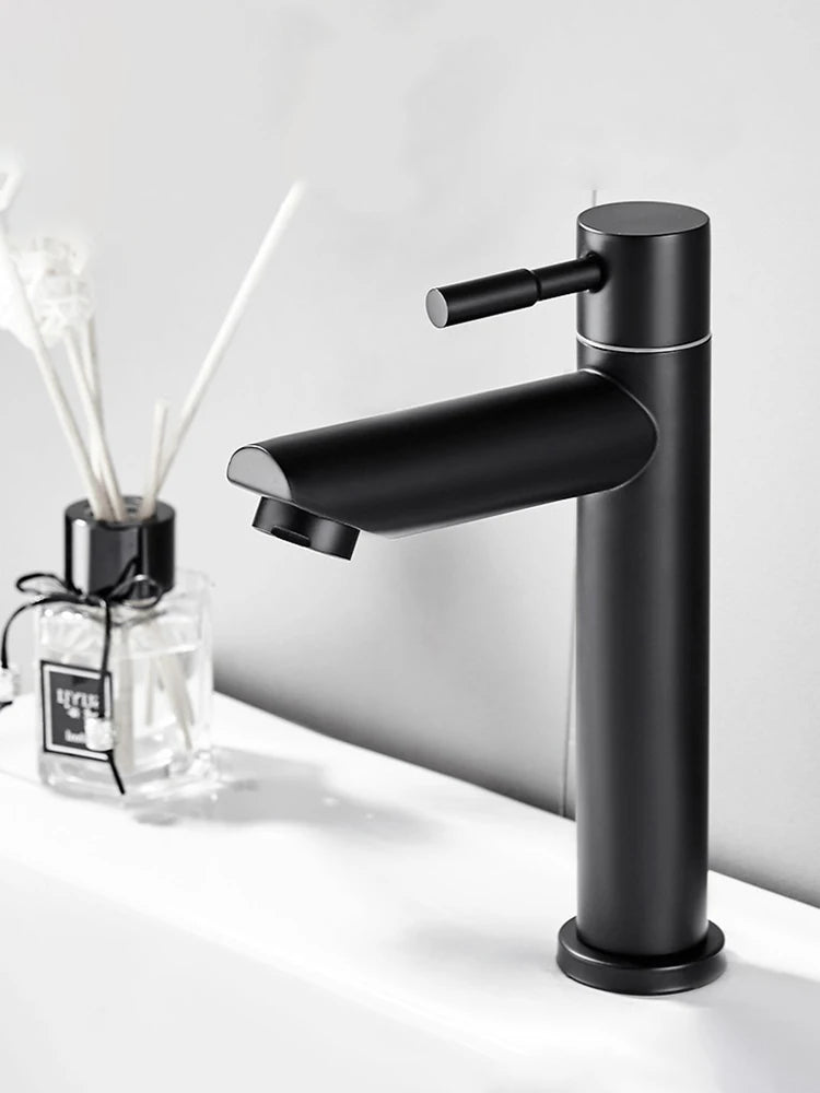 Basin Faucet 304 Stainless Steel Single Cold Water Tap Black Silver Color Deck Mounted Basin Sink Tap G1/2