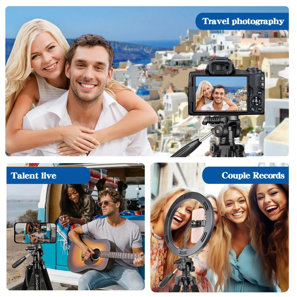 Q188 187cm/73in Tall Tripod Stand for Professional Camera Spotlight Telescope Binoculars 360° Rotatable Phone Holder for Video