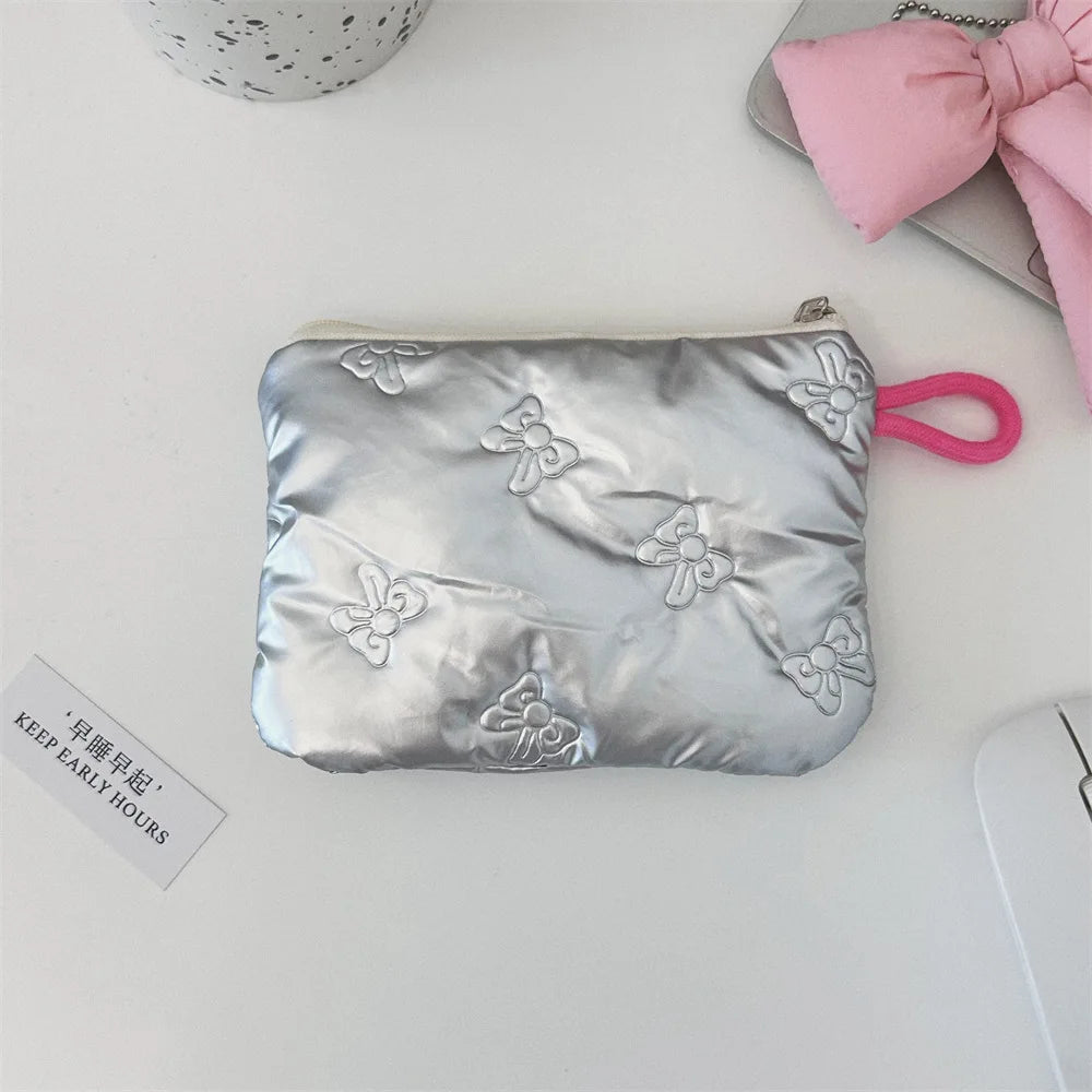 Silver Lingge Bow Pattern  Coin Purses Small Canvas Coin Wallet Lady Girls Earphone Coin Key Money Storage Bag Zipper Pouch