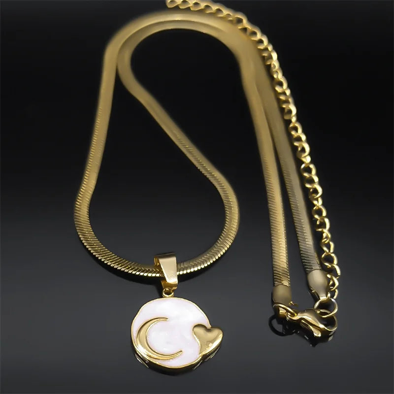 Moon Heart Enamel Lava Pendant Necklace for Women Korean Stainless Steel Gold Color Clavicle Chain Necklaces Jewelry NZZZ397S04