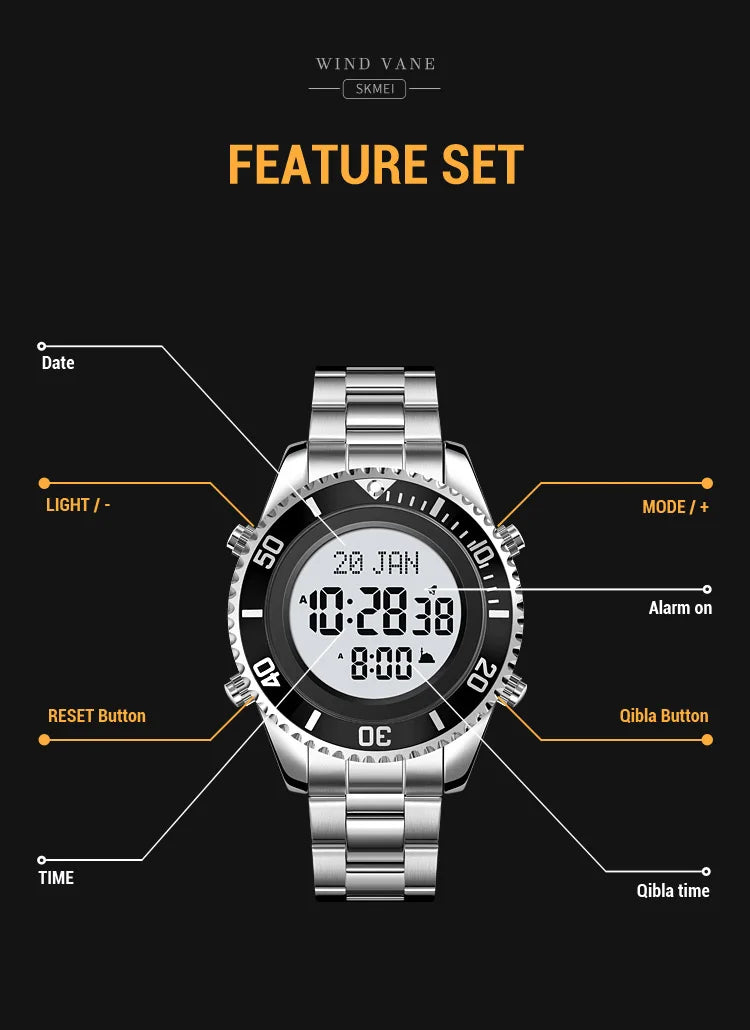 SKMEI 2141 Stainless Steel Digital Watche Muslim Azan Prayer Compass Clock Adhan Alarm Hijri Islamic Wristwatch with Back Light