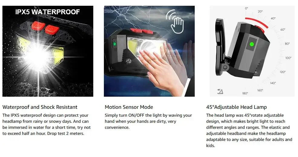 8 Modes Motion Sensor XPE+COB LED Headlamp Flashlight USB Rechargeable Waterproof Camping Head lamp Running Fishing headlight